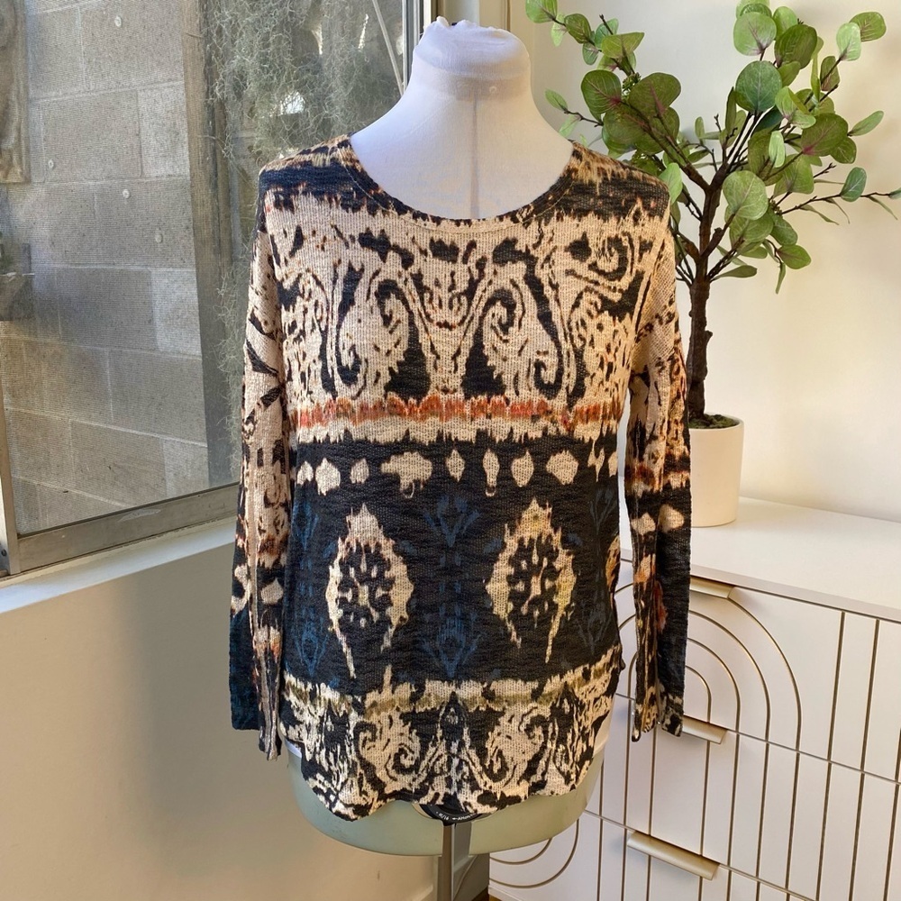 Ginger G Boho Baroque Print Lightweight Knit Top, Size L